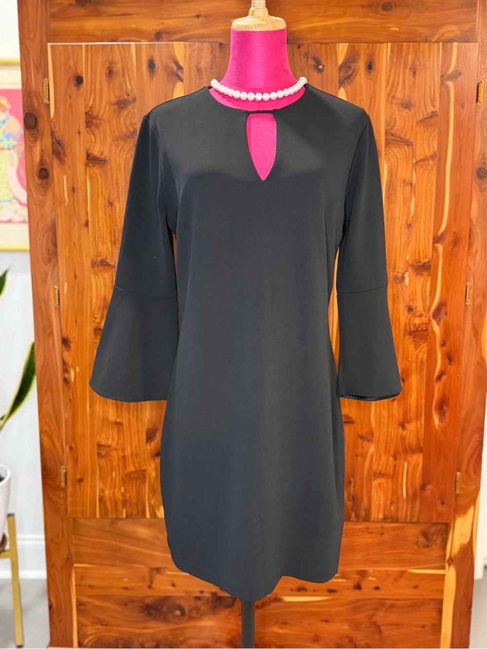 Express Black Shift Dress with Keyhole Neckline & Bell Sleeves Size Medium